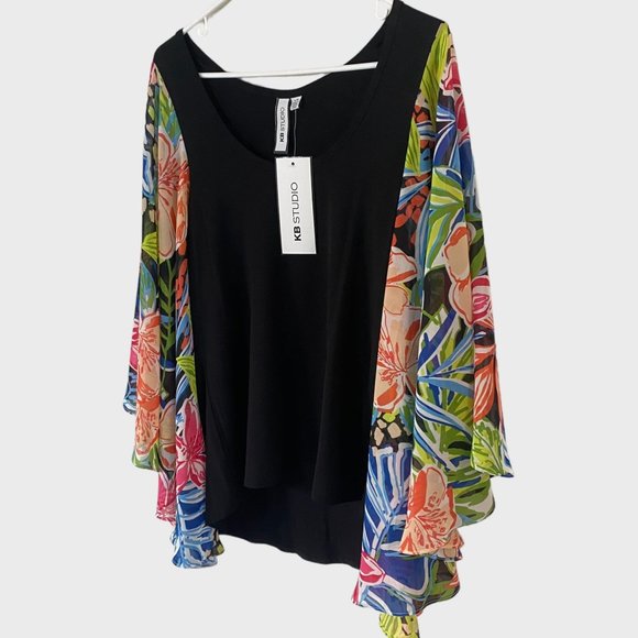 KB Studio Floral Print Blouse Womens Large Black Multicolor Drape Sleeve Top New - Picture 2 of 11